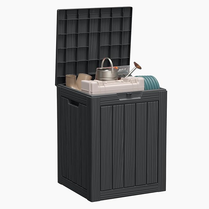28 Gallon Resin Deck Box, Lockable Patio Outdoor Storage Box for Furniture, Garden Tools and Tools Storage, Waterproof Outside Storage Boxes - Black