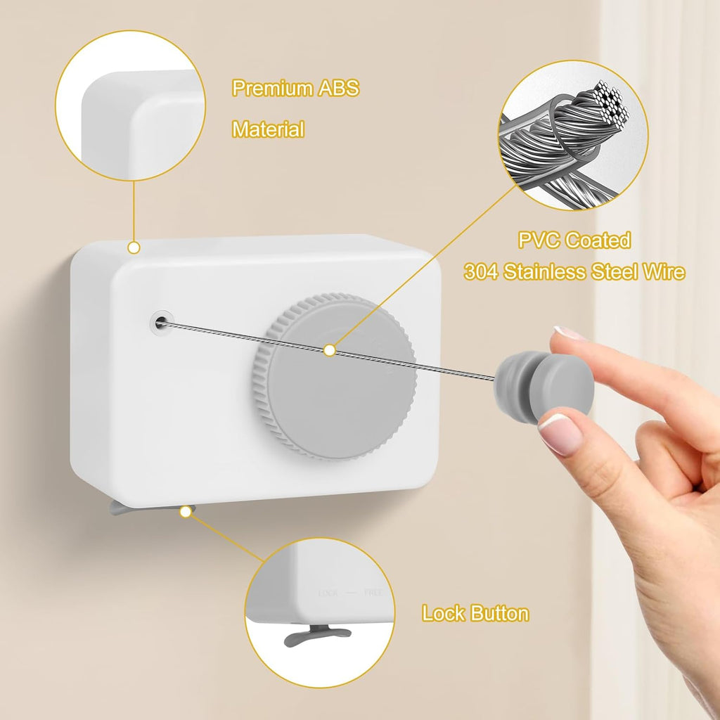 Retractable Clothesline Indoor/Outdoor, Anti-Sag for Drying Clothes Line Retracting Indoor/Outdoor, We Equipped This 13.8 Fts Laundry line Retractable with 4 Large Clips