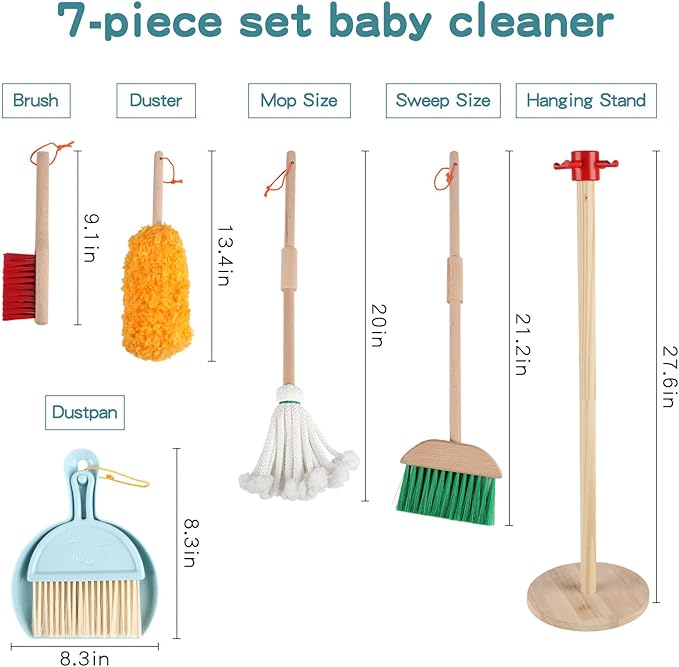 Qilay Kids Cleaning Set 7 Piece Wooden Detachable Cleaning Set Includes Housekeeping Broom, Dustpan, Brush & Other Cleaning Tools, Preschool Educational Pretend Play Cleaning Tools for Toddler