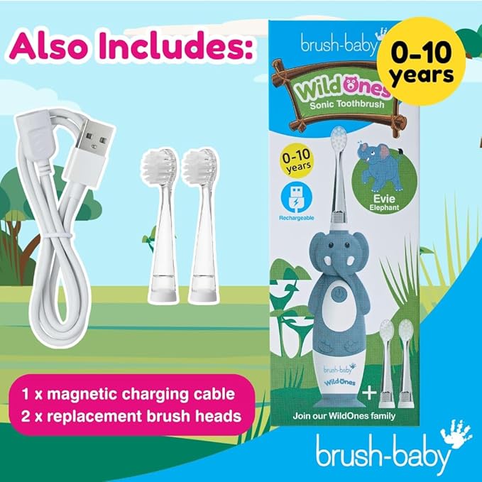 brush-baby WildOnes Kids Electric Rechargeable Toothbrush Elephant, 1 Handle, 3 Brush Heads, USB Charging Cable, for Ages 0-10 (Elephant)