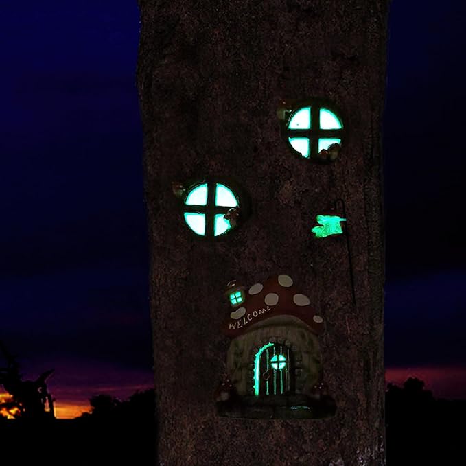 Fairy Door and Windows Garden Kit Accessories Outdoor, Glow in Dark Gnome House for Tree, Lawn Yard Art Sculpture, Miniature Garden Decor (Mushroom)