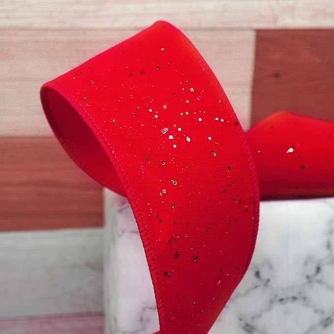 CT CRAFT LLC Red Velvet with Confetti Glitter Wired Ribbon 2.5 Inch x 10 Yards for Christmas Home Decor Tree Topper Bow Gift Wrapping DIY Crafts Wreath Garland
