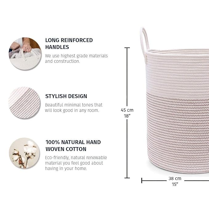 OrganiHaus White Baby Hamper Basket 15x18 | Toy Basket Storage for Kids | Large Woven Baskets for Storage | Round Laundry Basket | Blanket Holder for Bedroom | Boho Blanket Basket for Living Room