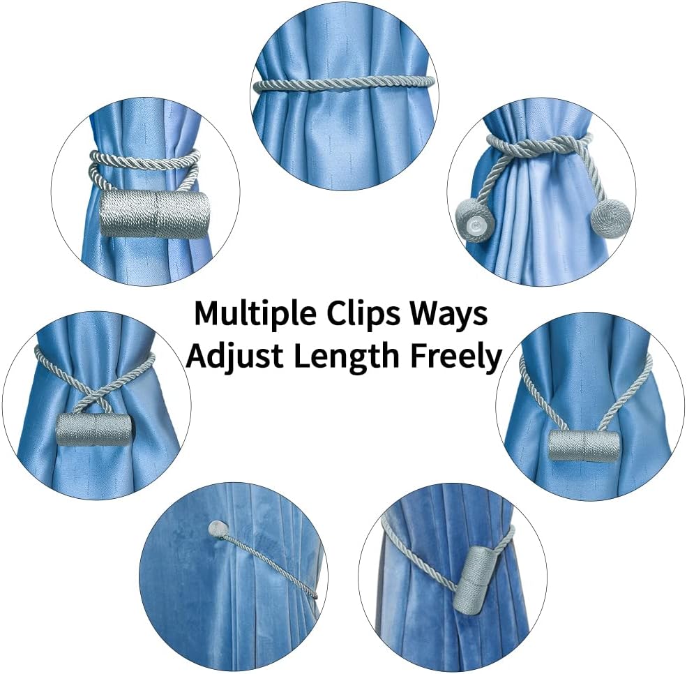 18 Inch Strong Magnetic Curtain Tiebacks, Curtain Holdbacks Modern Upgrade Strong 2021 New Twisted Style Decorative Drapery Rope Tie Backs(2 Pack Grey Blue)