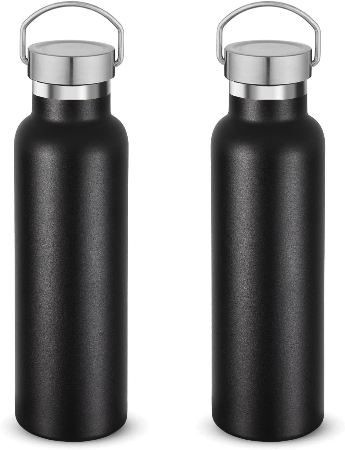Neihepal 20 oz Insulated Water Bottles Bulk 2 Pack,Stainless Steel Double Wall Sport Bottle with Lid of Handle,Metal Reusable Thermoses Flask with Cup Cap for School,Hikers,Gift (Black,Set of 2)