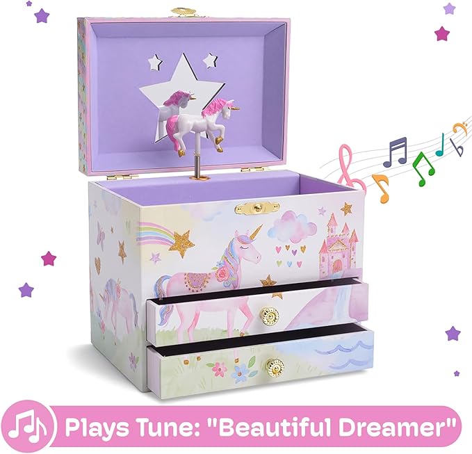 Jewelkeeper Enchanting Unicorn Musical Jewelry Box for Girls - Sparkling Rainbow Design Music Box with 2 Pullout Drawers to Store Earrings, Necklace and Bracelets - Plays The Beautiful Dreamer Tune