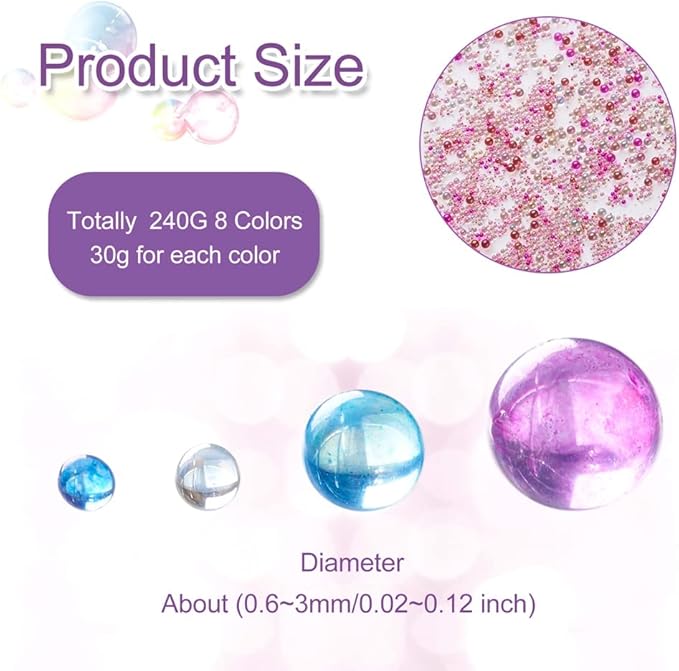 240g Mini Glass Bubble Beads 0.6-3mm Droplet Fillers Crystal Micro Caviar No Hole for Resin Inclusion DIY Pendant Jewelry Crafts Nail Art Decoration, 8 Colors
