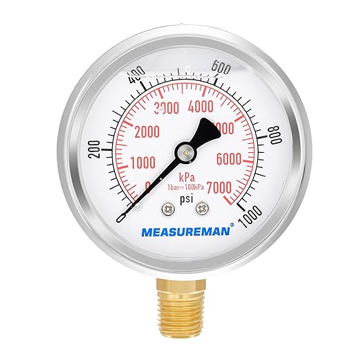 MEASUREMAN 2-1/2inch Dial Size, Liquid Filled Pressure Gauge, 0-1000psi/7000kpa, 304 Stainless Steel Case, 1/4inchNPT Lower Mount