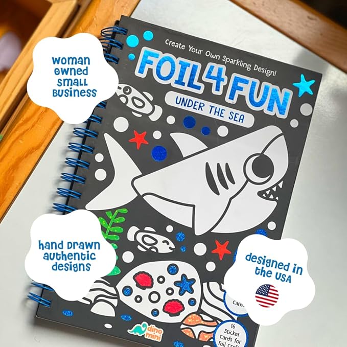DINO MINI Foil4Fun - Foil Art for Kids - Craft Kits for Kids Ages 4-8 - Includes 16 Foil Art Pages and 16 Coloring Pages - Screen Free Birthday Gifts - Airplane and Travel Activities (Under The Sea)