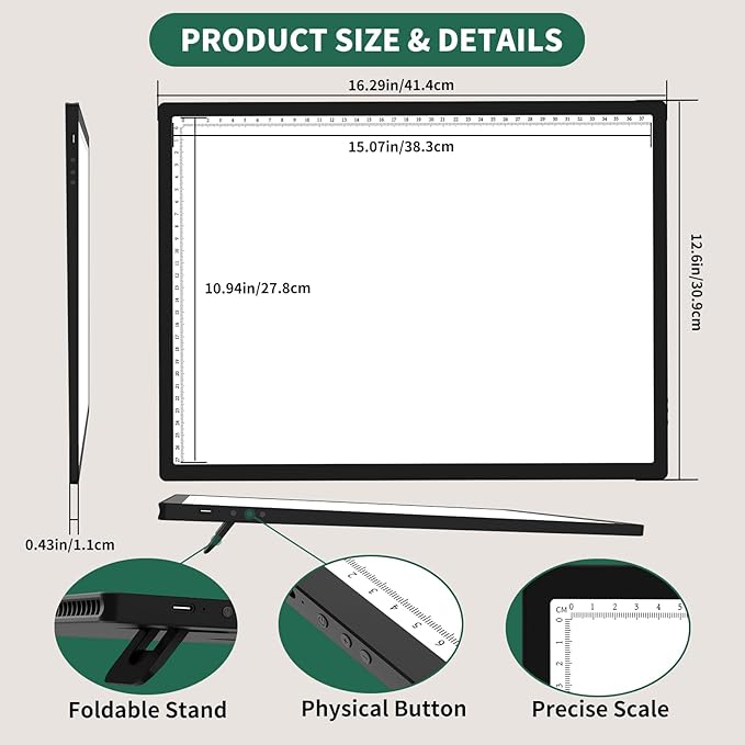 HIUKCOLED A3 Built-in Tilt Stand Light Tracing Box, 6-level＆Stepless Dimmable Adjustable Brightness Light Pad with 3 Colors,Battery Powered LED Light Board for Drawing,Diamond Painting,Sketching,X-Ray