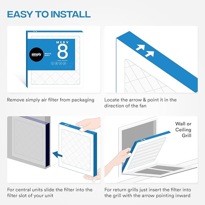 Simply 20x20x4 Air Filter, MERV 8, 6 Pack, Furnace Air Filter for HVAC (Actual Size:19.5"x19.5"x3.63") DUST, Pet, & Allergy Control
