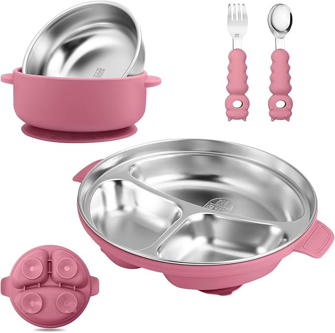Stainless Steel Baby Plate and Bowl with Suction, Baby Bowl and Divided Kids Toddler Plate with Removable Silicone Shell, Non-Slip Toddler Baby Feeding Set, Forks + Spoons Included-Rose red