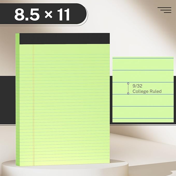 300 Sheets Green Legal Pads 8.5 x 11 College Ruled Paper 6-Pack Note Pads Narrow Ruled 50 Sheets per Notepad Perforated Writing Pad Durable Sturdy Back 8x11 Pads of Paper