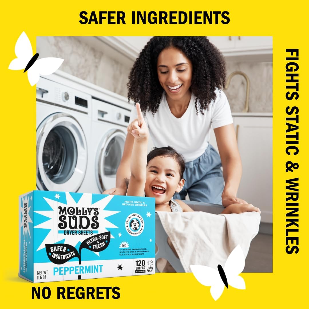 Molly's Suds Fabric Softener Dryer Sheets for Sensitive Skin | Plant-Based Static Reducer, Plastic-Free Packaging | Peppermint (120 Sheets)