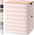 BALEINE Laundry Hamper with Lid, Tall Laundry Baskets with Bamboo Pull Handles, Large Laundry Bin with Internal Support (36 Gal/140L, Pink Pinstripe)