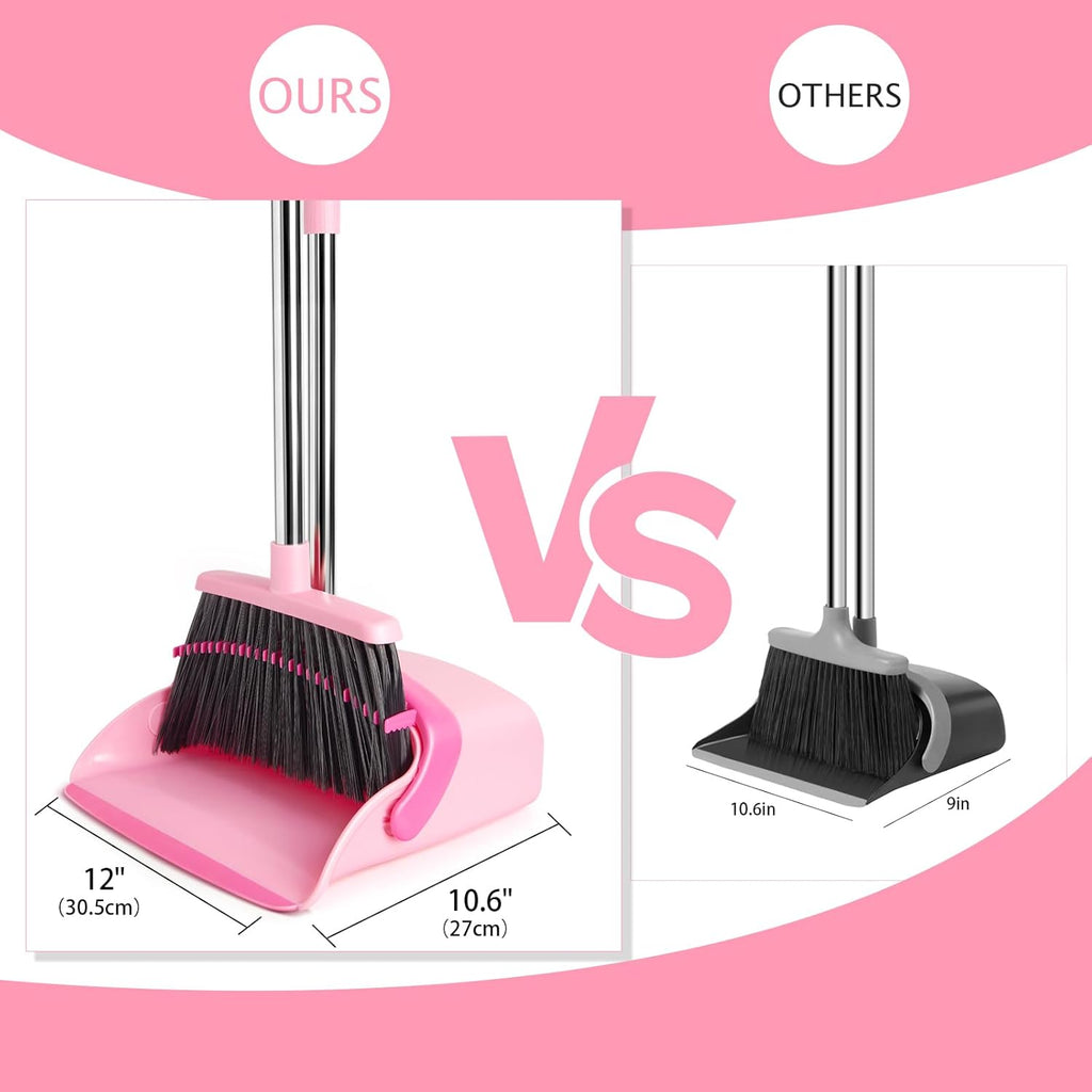 Broom and Dustpan Set, Dustpans with Broom Combo for Home, Heavy Dust Broom and Dustpan Combo, Long Handle Dust Pan and Broom Set for Kitchen, Office, Pet Hair,Pink, Pack of 1