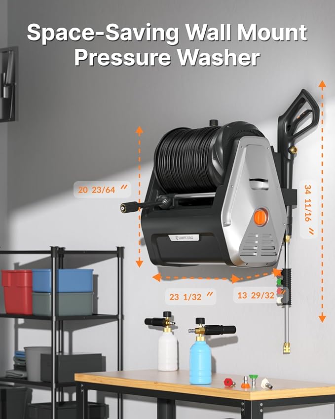 Giraffe Tools Wall Mounted Pressure Washer Essential with Upgraded 1800W Motor, Max 2900 PSI, 2.2 GPM Electric Power Washer with 100ft Retractable Pressure Hose, Automatic Rewind, Any Length Lock