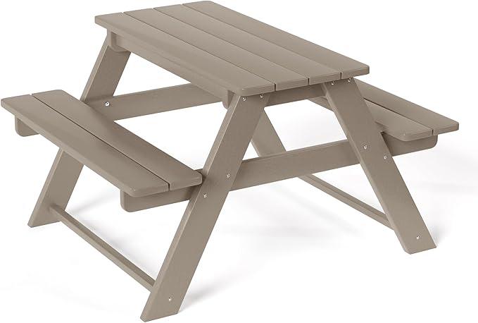 Costaelm Kids Picnic Table, HDPE All Weather Outdoor Toddler Picnic Table and Chair Set Kids Bench for Patio, Backyard, Garden, Lawn, Weathered Wood