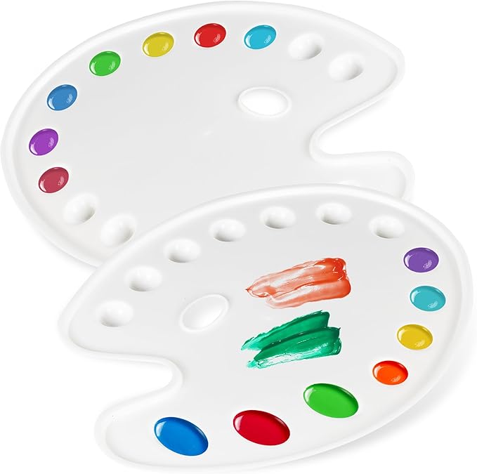 DUGATO Large Oval Paint Palettes (2 Pack, 14x10.5 inches) - 14-Well Plastic Mixing Trays for Acrylic, Oil, Watercolor & Gouache - Artist Supplies
