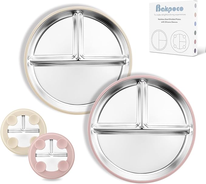 Stainless Steel Baby Plate with Suction, 8” Divided Toddler Plates with Removable Silicone Sleeves for Kids, Non-Toxic Non-Slip Unbreakable Dishwasher Safe Dinnerware Set of 2, Pink & Beige