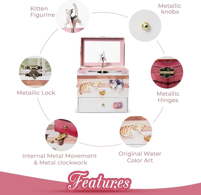 Curious Kittens Musical Jewelry Box Cat Spins to Ode to Joy 3 Pullout Drawers Treasure Storage