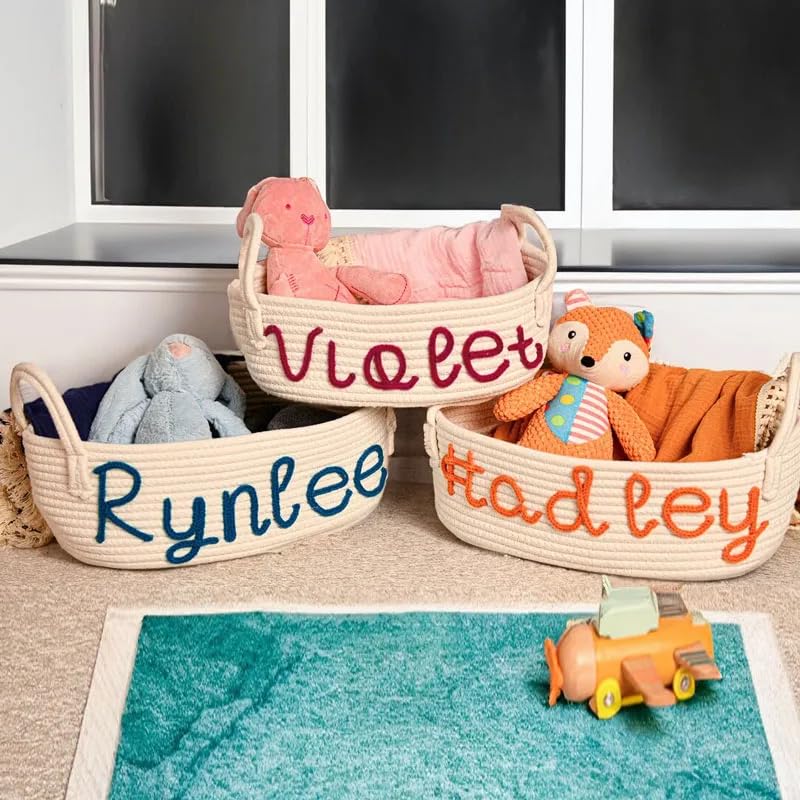 Personalized Baby Name Basket, Custom Woven Baby Shower Gift Basket with Cotton Rope Handle Baby Diaper Nursery Shelf Storage Basket Bin for Kids' Bedroom (Style 3)