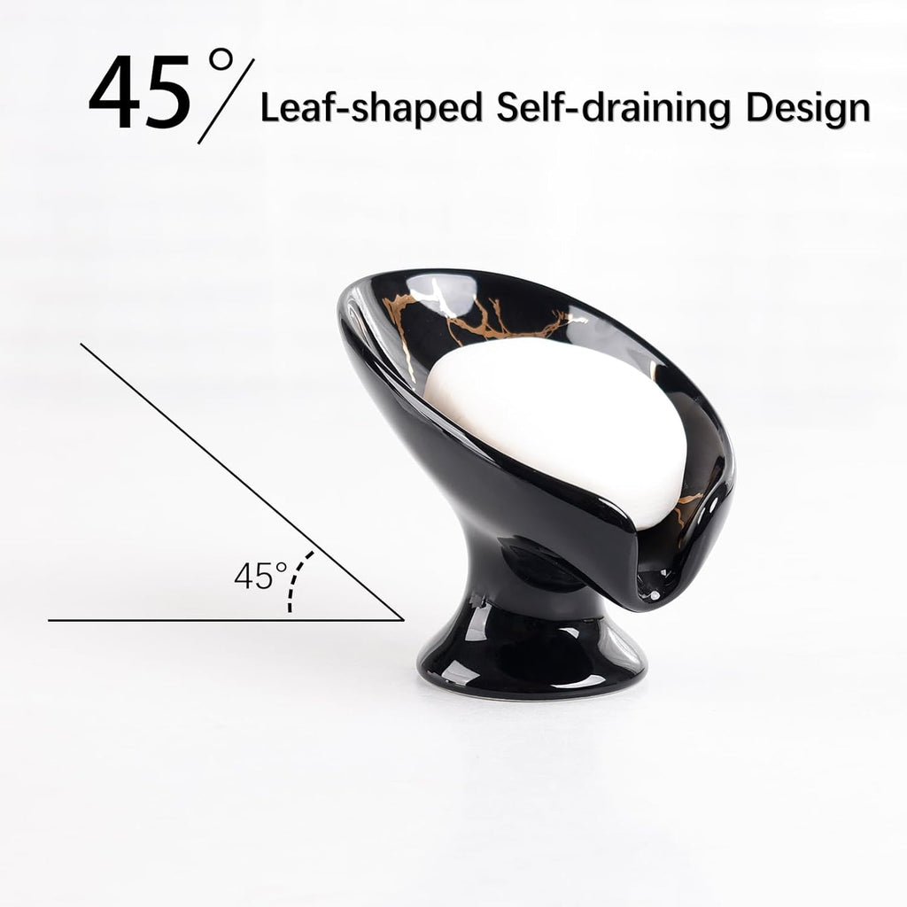 Soap Dish, Ceramic Soap Holder Self Draining Leaf Shape Bar Soap Holder, Marble Look Black Drain Soap Dish Holder for Bathroom, Easy to Clean Keeps Soap Dry, ANTIS'S HOME