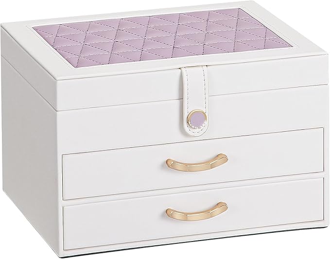 White Jewelry Box Organizer: Home Decor for Women - 2-Drawer Holder for Valentine’s Day Birthday Christmas White Grey-Purple