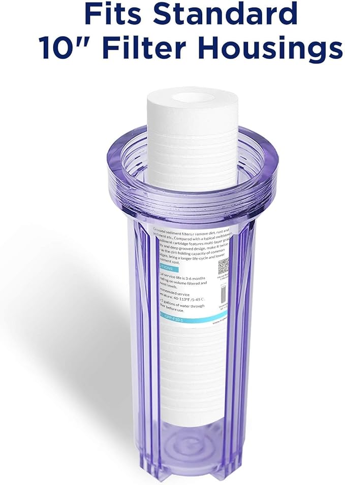 Membrane Solutions Grooved Sediment Water Filter Cartridge (Pack of 6), 0.5 Micron Whole House Water Filter Universal Replacement 10"x2.5" for 10" RO Unit, Whole House Under-Sink Filtration System