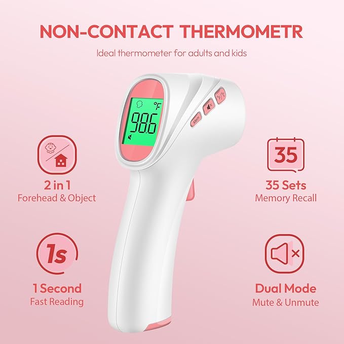 Forehead Thermometer for Adults, Kids & Babies, No-Touch Digital Thermometer with LCD Backlight Display, FSA HSA Eligible, Fever Alarm and 1s Instant Reading - Pink