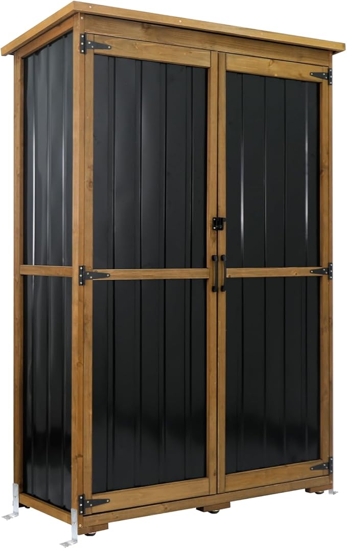 Outdoor Storage Cabinet Wood & Metal with Waterproof Roof, Garden Tool Shed with 4 adjustable reinforced feet with metal brackets, 3 Removable Shelves, 6 T-Hinge, Magnetic door,18.1"D x 49"W x 68.5"H