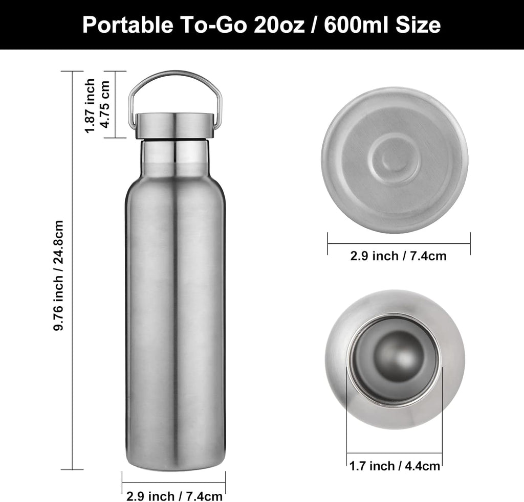 Neihepal Silver Stainless Steel Water Bottles,20 Ounce Vacuum Insulated Double Wall Travel Bottle with Leak Proof Lid of Handle,Metal Reusable Standard Mouth Flask Thermoses for School,Hikers,Gift