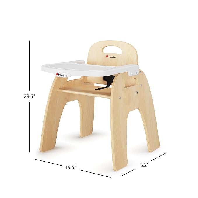 Foundations Easy Serve 13" Wood Feeding Chair for Toddlers, Adjustable Harness, Removable Dishwasher Safe Tray, “No Tip” Base, Baltic Birch Plywood