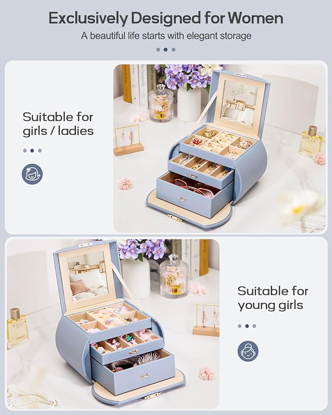 Homde Girls Jewelry Box Jewelry Storage Case Organizer Faux Leather with Mirror for Rings, Earrings, Bracelets, Necklaces (Grey Blue)