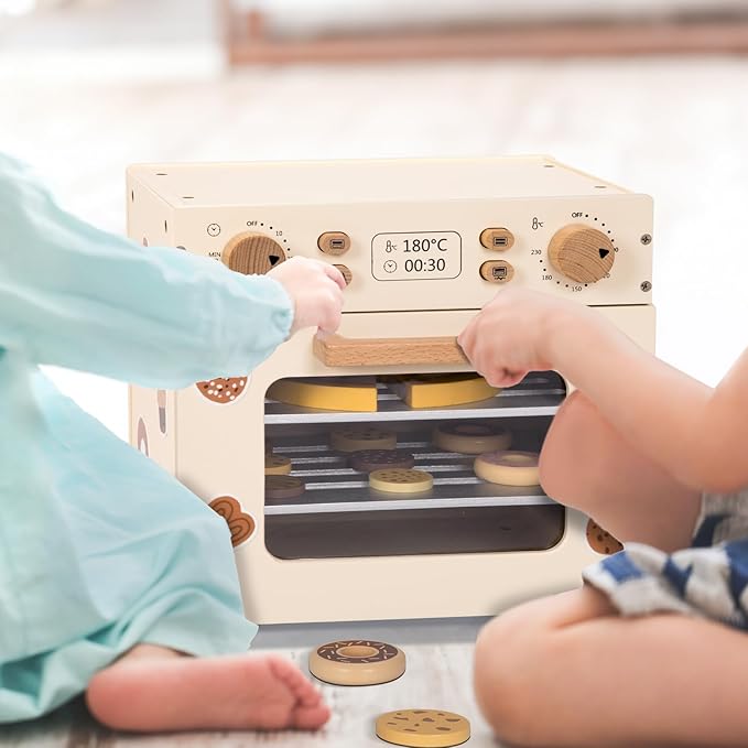 OOOK Wooden Kids Oven, Pretend Play Oven for Toddlers with DIY Stickers, Kitchen Play Set Accessories with Push-Pull Baking Tray. Ideal Choice for Boys and Girls Aged 3+
