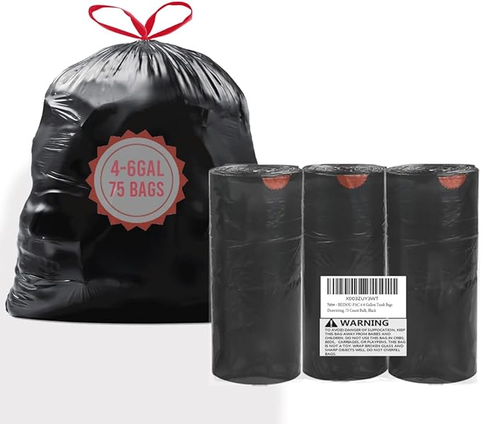 4-6 Gallon Trash Bags Drawstring, 75 Count Bulk, Black & Unscented Multi-purpose Garbage Bags for Business Home Bathroom Kitchen Commercial and Industrial