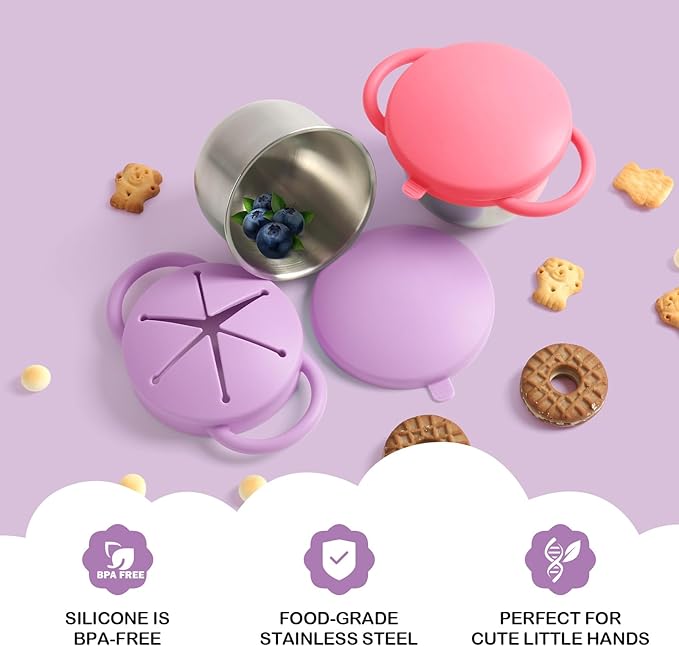 2 Pack Snack Cups for Toddlers Spill Proof - Detachable Stainless Steel Toddler Snack Cups with Silicone Lids & Handles - Dishwasher Safe Baby Snack Containers for Mess-Free Snacking (Red and Purple)