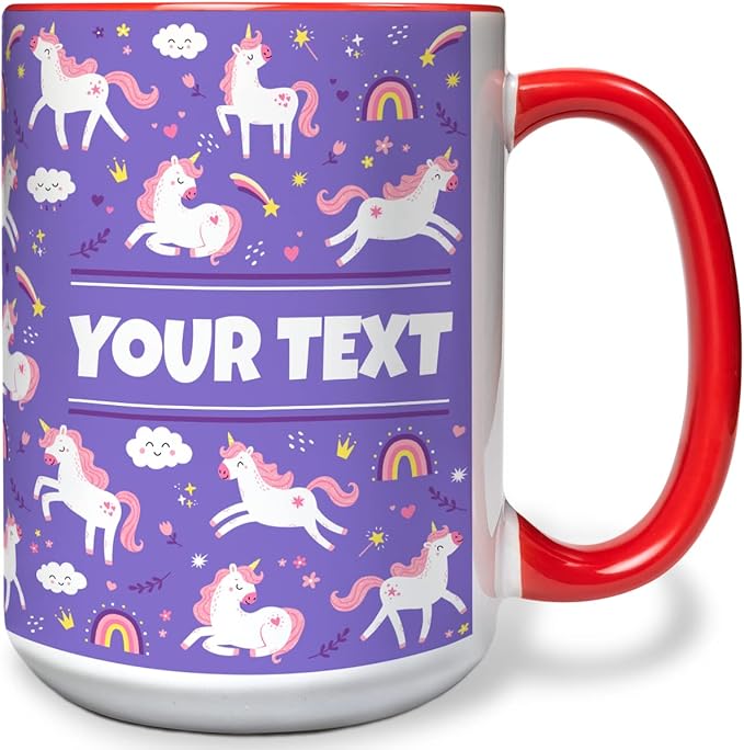 Personalized Mug for Kids - Purple Unicorn - Custom Name/Text, Ceramic Hot Chocolate/Cocoa/Coffee Cup for Girls, Birthday/Christmas/Holiday Gift - 15 oz, Red Handle