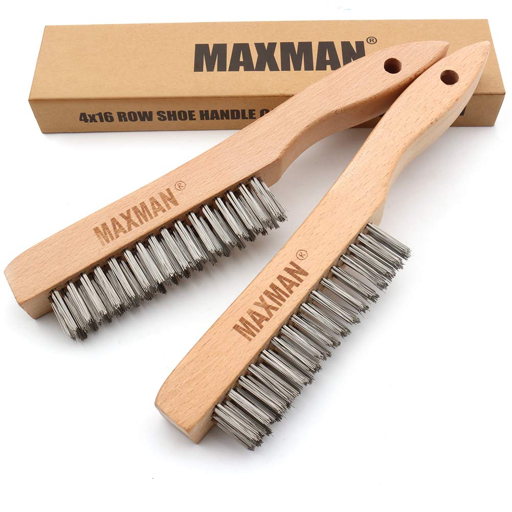 MAXMAN Wire Brush, Heavy Duty Stainless Steel Wire Brushes for Cleaning Rust, Grill Brush, Steel Brush for Paint Removal, Welding, Stiff Bristle Metal Brush with 10" Long Beech Handle, Large, 2Pcs