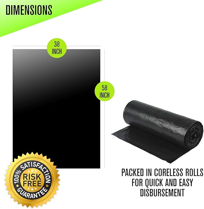 Aluf Plastics 55 Gallon Trash Can Liners (100 Count) - 38" x 58" - Thick 1.5 MIL Equivalent Black Trash Bags for Bathroom, Kitchen, Office, Industrial, Commercial, Recycling and More