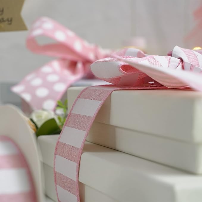 MEEDEE Pink Striped Burlap Ribbon - 2.5 Inch Wired Ribbon for Baby Girl Wreaths & Cakes, 10 Yards