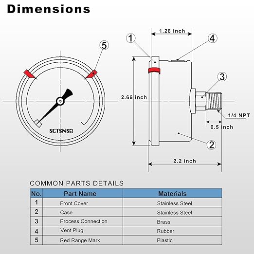 0 to 60 Psi Pressure Gauge, Glycerin Liquid Filled, 2.5 inch Dial, 1/4" NPT Back Mount, Stainless Steel Case, for Swimming Pool Sand Filter, Water Pump, Regulator, Air, Oil, Low Pressure Test