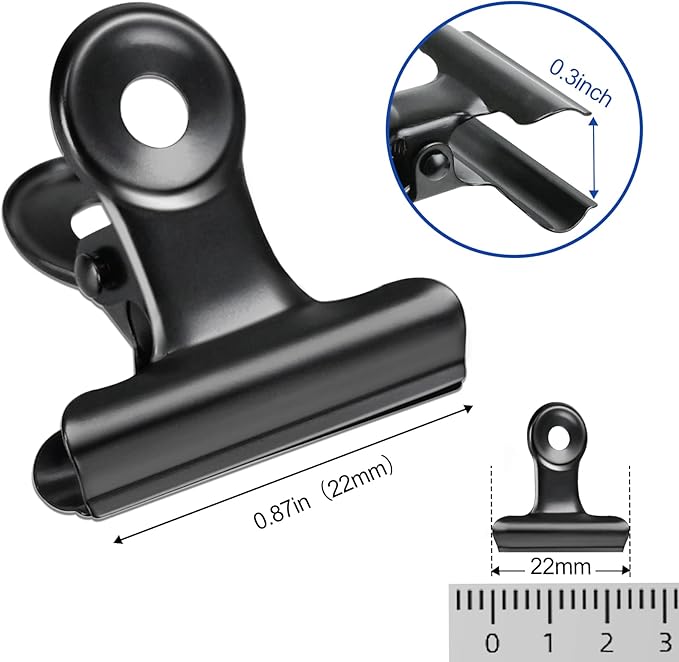 30 Pack Bulldog Clips 0.87 Inch Small Hinge Paper Clips Metal Hinge Clips for Crafts, Food Bags, Drawings, Photos at Home Kitchen & Office Usage, Black, 22mm