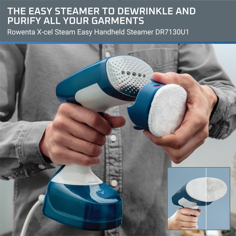 Rowenta, Steamer for Clothes, X-Cel Easy Steam Handheld Steamer, 15 Second Heatup, 5 Ounce Capacity, 1400 Watts, Portable, Ironing, Travel Must Have, Blue Clothes Steamer, DR7130