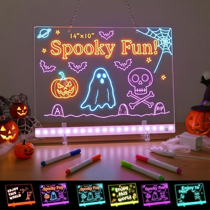 Meetory LED Drawing Board for Kids, Note Board with Colors, 13.8"X 9.8" 4 Modes & 6 Colors, Dry Erase Board with Light, Include Adapter, Hanging Chain, Stand, 12 Markers, Spray Bottle