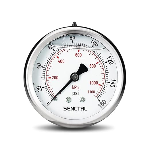 SENCTRL 0-160 Psi Glycerin Liquid Filled Air Pressure Gauge, 2.5" Dial Size, 1/4" NPT Back Mount, Stainless Steel Case, for Water Pump, Tire, Large Air Compressor, Well, RV Regulator Pressure Test