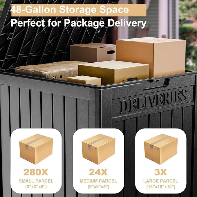 DRATO 48 Gallon Package Delivery Box, Large Lockable Storage Box, Double-Wall Resin Outdoor Package Delivery and Waterproof Deck Box for Porch, Patios