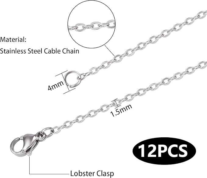 ALEXCRAFT Wholesale 12 PCS Genuine Stainless Steel Cable Chain Necklace Chains Bulk for Jewelry Making(18 Inch(1.5MM))
