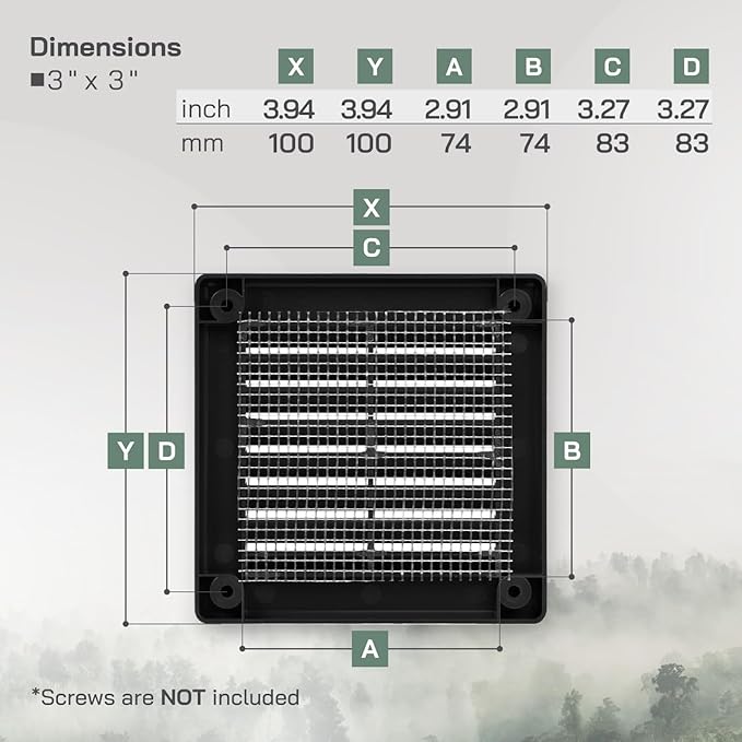 Vent Systems 3" x 3" (Opening Dimensions) Black Plastic Soffit Vent Cover - Durable Flat Square Air Vent Grille with Mesh Screen - Weather Resistant Ventilation Grill, Wall & Ceiling, Indoor & Outdoor