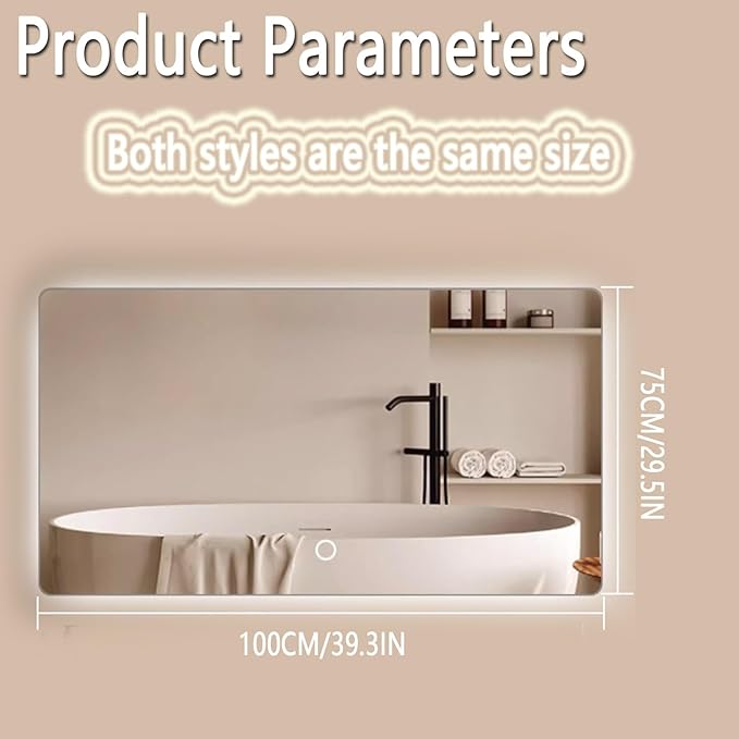 Backlit LED Illuminated Bathroom Mirror with LED Lights, Lighted Bathroom Makeup Wall Mounted Mirror with Demister Pad, Sensor Touch Switch, Horizontal/Vertical(A,H75*W100CM/H29.5*W39.3IN)